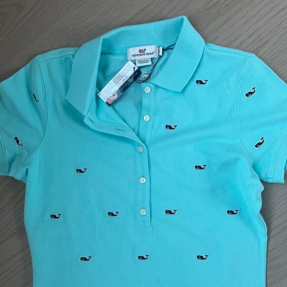 Vineyard Vines Polo All Over Whale Logo Print Teal Blue XS Brand New with Tags - Picture 8 of 9